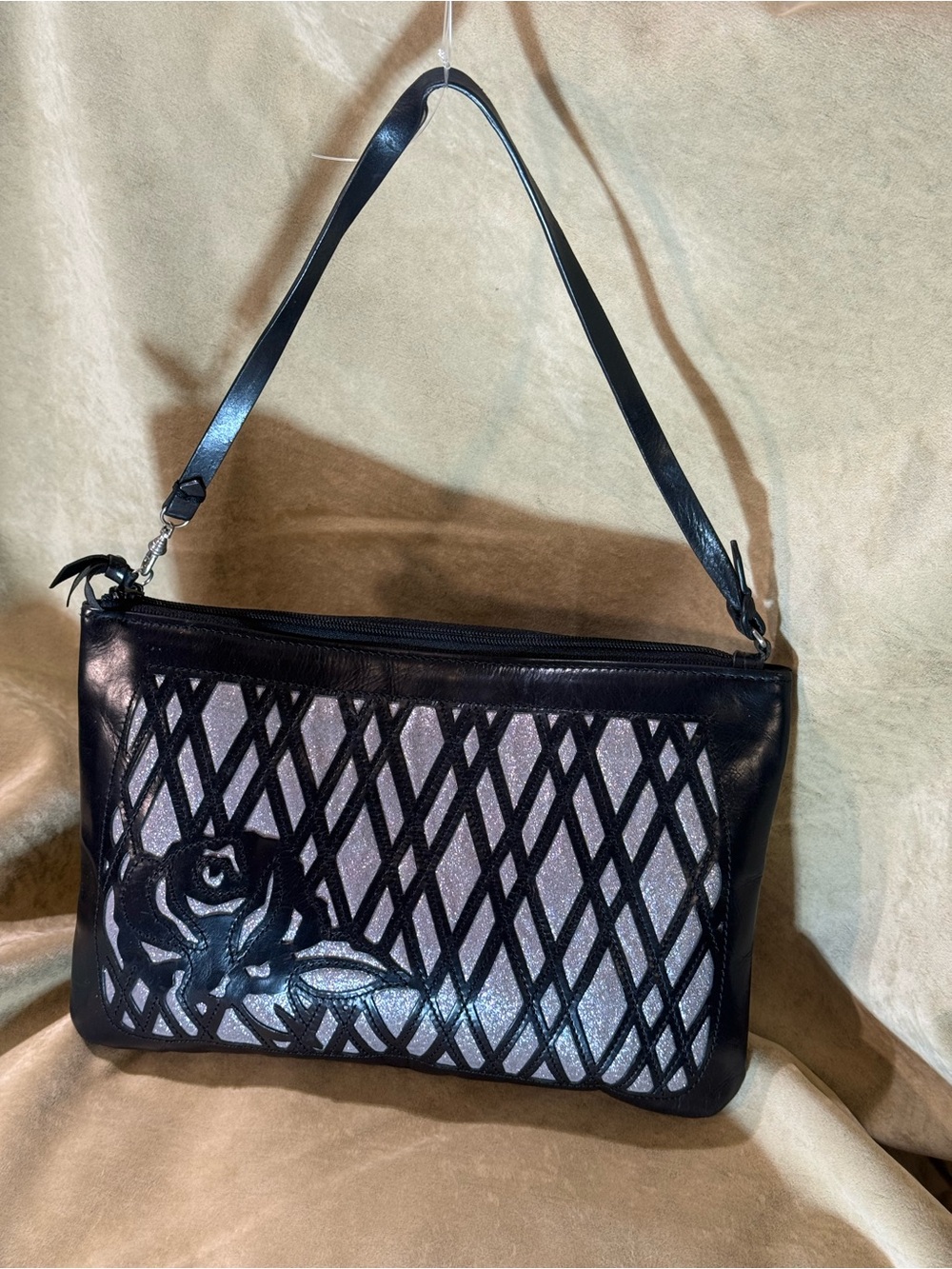 BCBC Black Leather Accent Rose-Silver Pattern Small Shoulder Bag